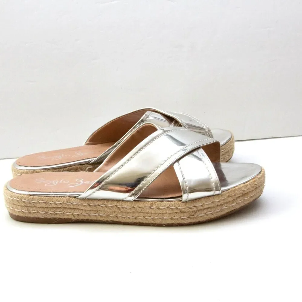 Sergio Zelcer Metallic Silver Chrome Cross Strips Slip On Platform Sandals 10
